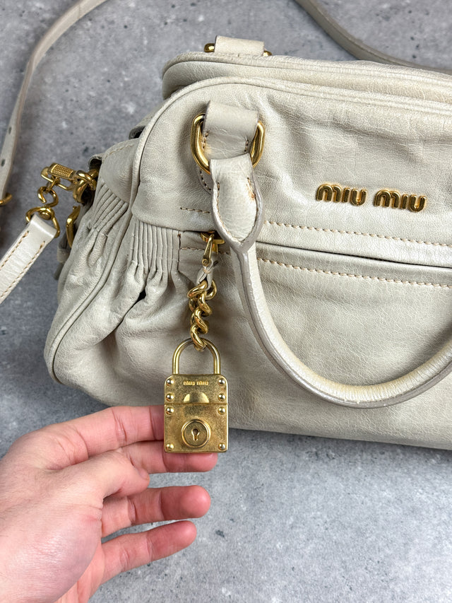 Miu Miu Vitello Bowler Handtasche Leder Creme Weiß