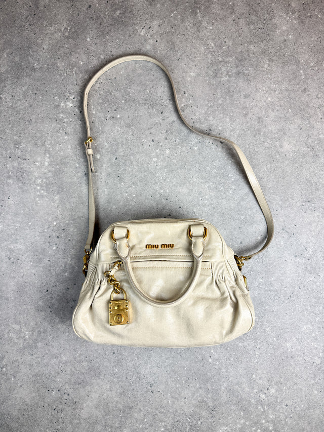 Miu Miu Vitello Bowler Handtasche Leder Creme Weiß