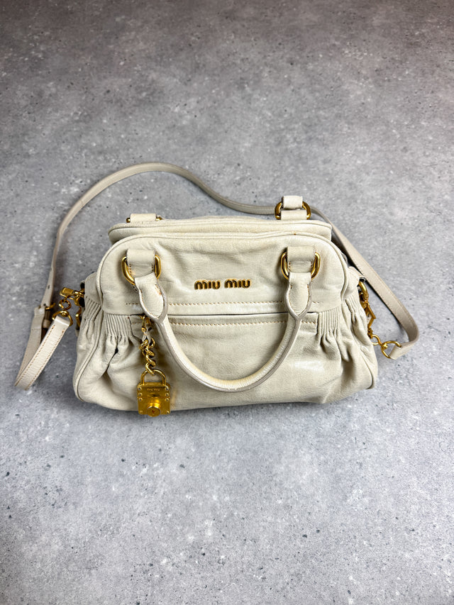 Miu Miu Vitello Bowler Handtasche Leder Creme Weiß