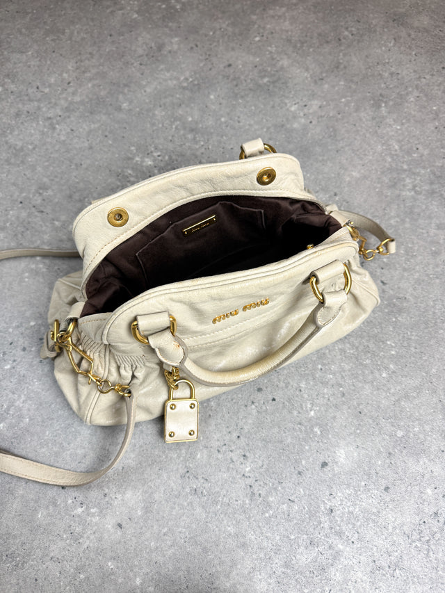 Miu Miu Vitello Bowler Handtasche Leder Creme Weiß